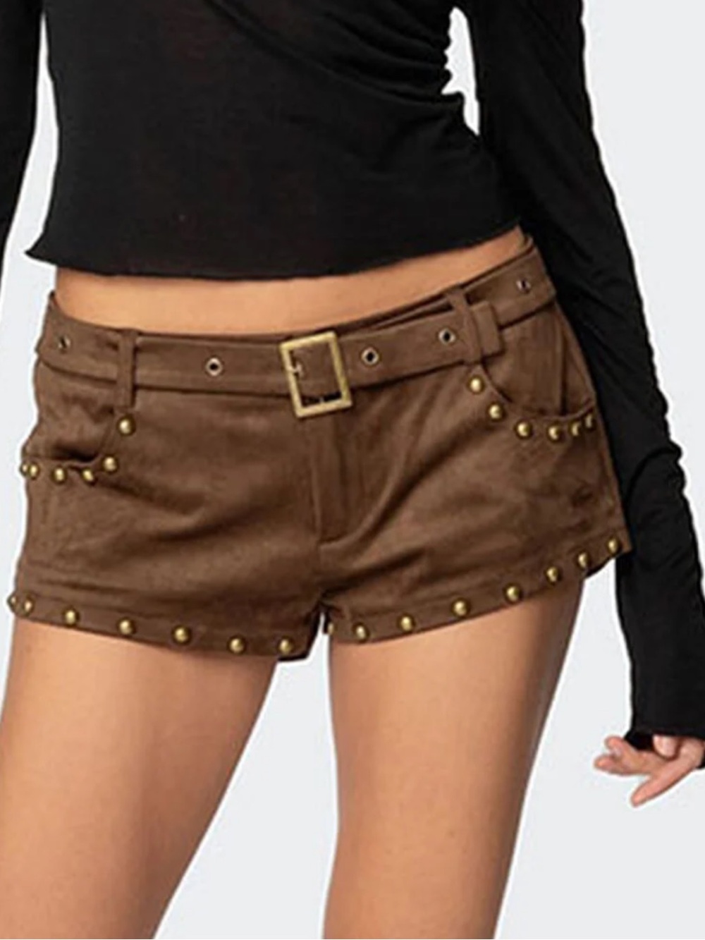 Edikted Brown Studded Denim Jean Shorts with Belt